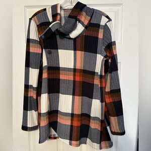 Cowl neck plaid tunic - size L - navy, pumpkin, cream color
